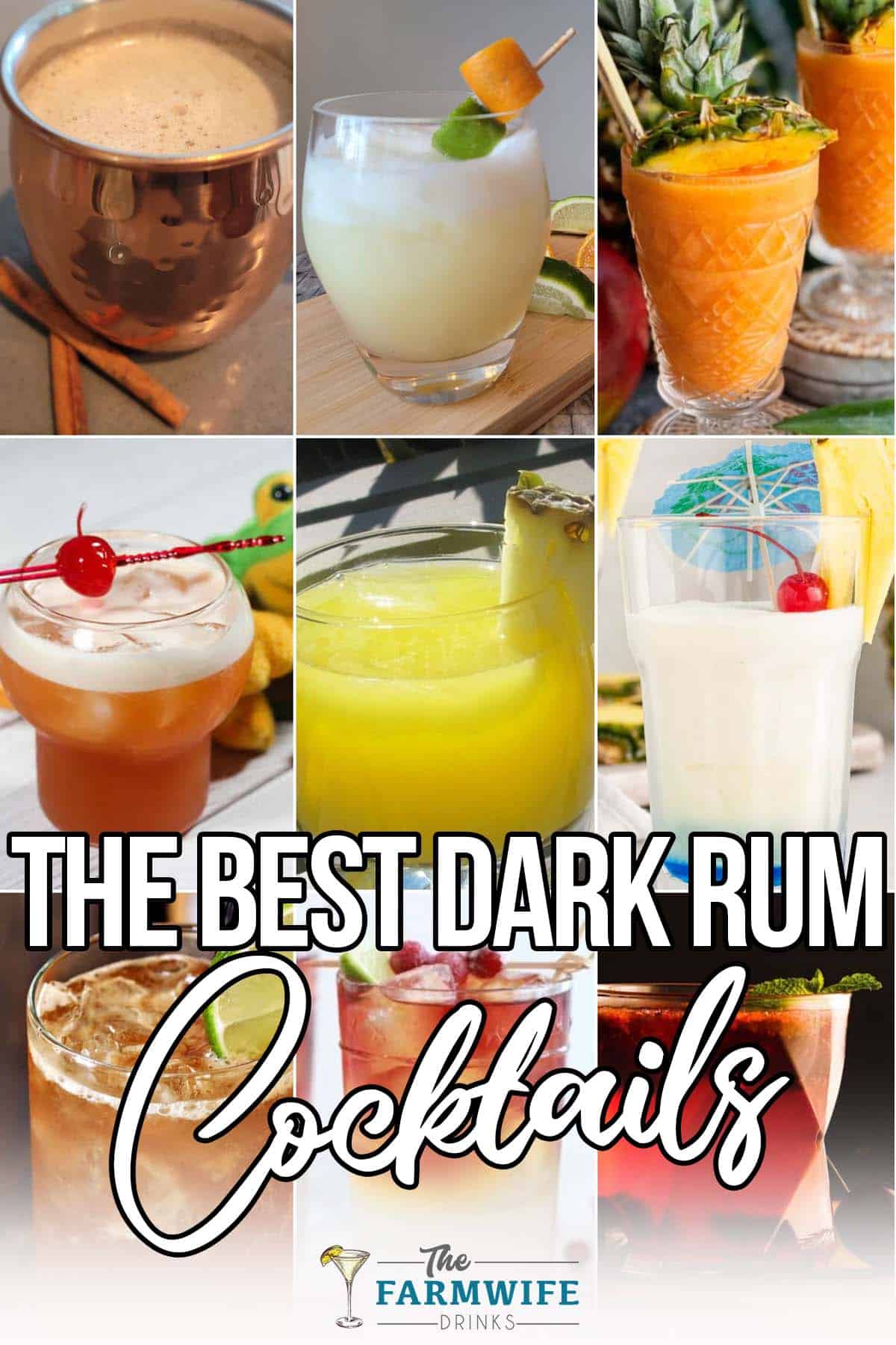 photo collage of easy and fun drink recipe ideas using dark rum with text which reads the best dark rum cocktails