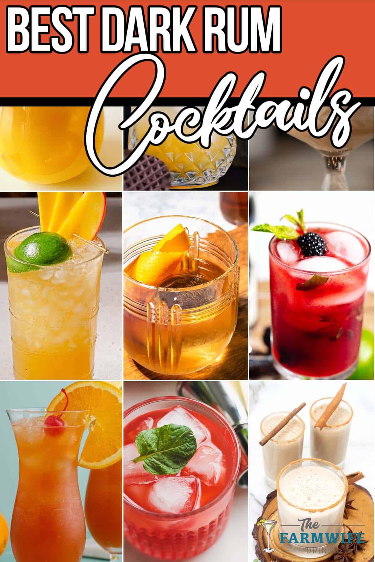 photo collage of easy and fun cocktail ideas using dark rum with text which reads best dark rum cocktails
