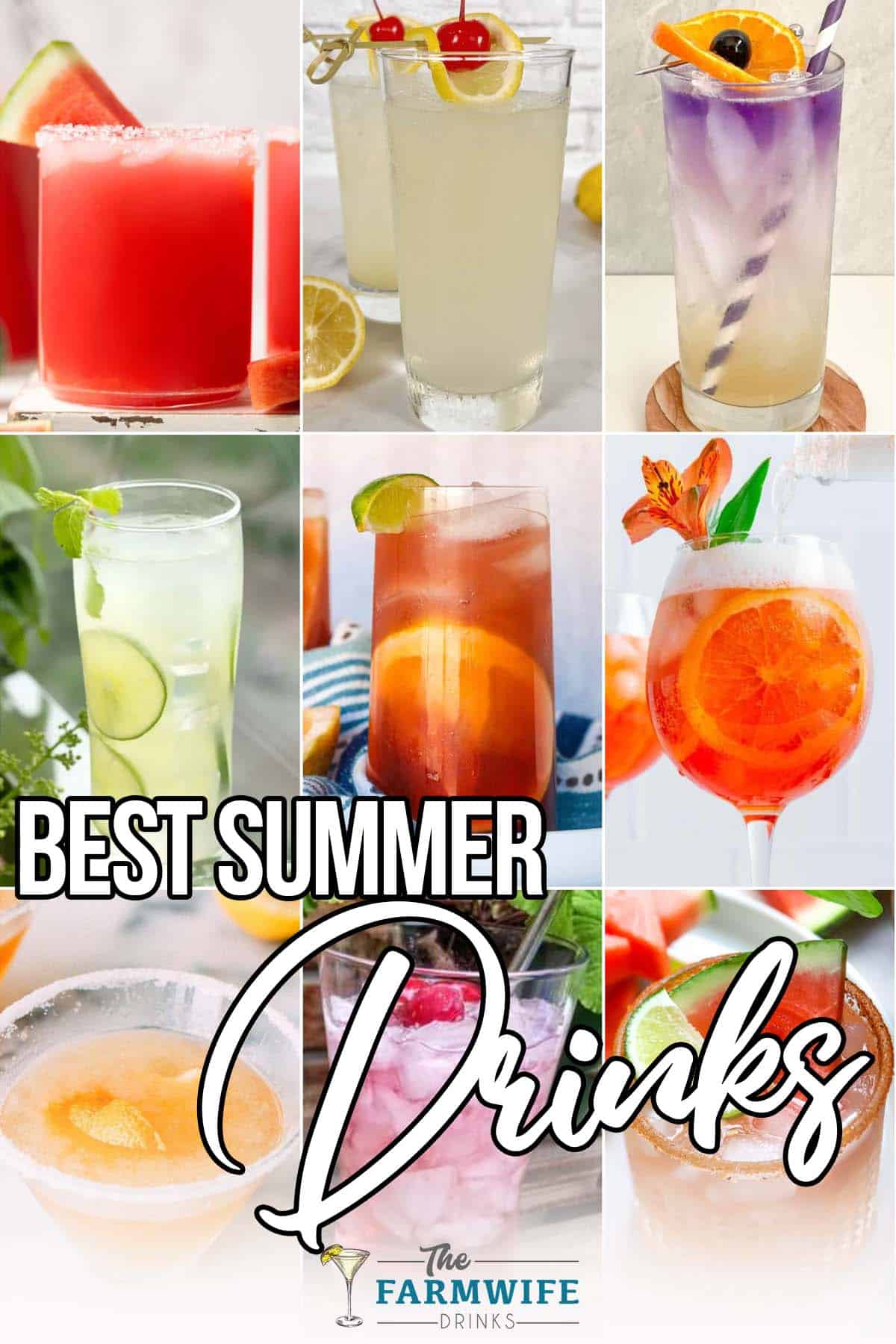 photo collage of summer themed drinks with text which reads best summer drinks and cocktails