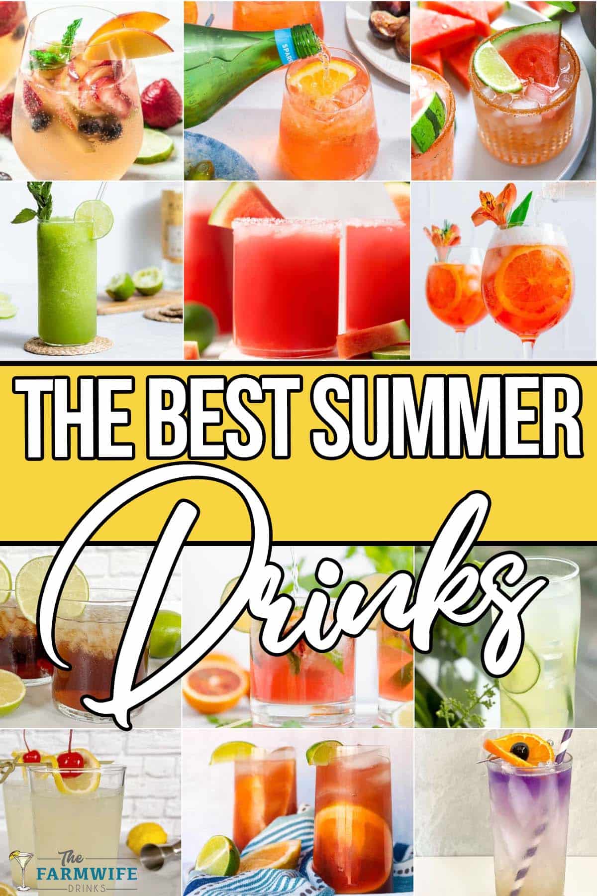photo collage of pool themed drinks with text which reads best summer drinks and cocktails