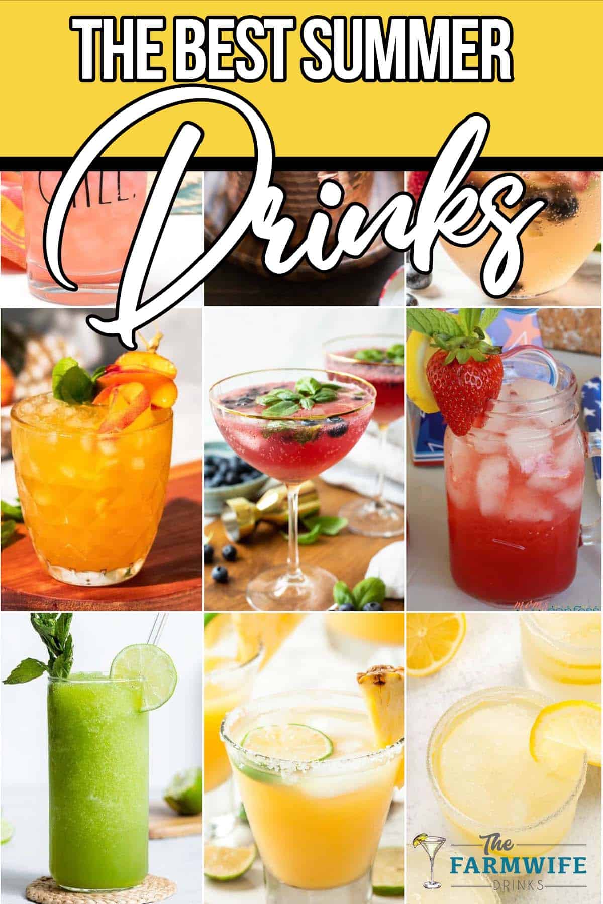 photo collage of summer themed cocktails with text which reads best summer drinks and cocktails
