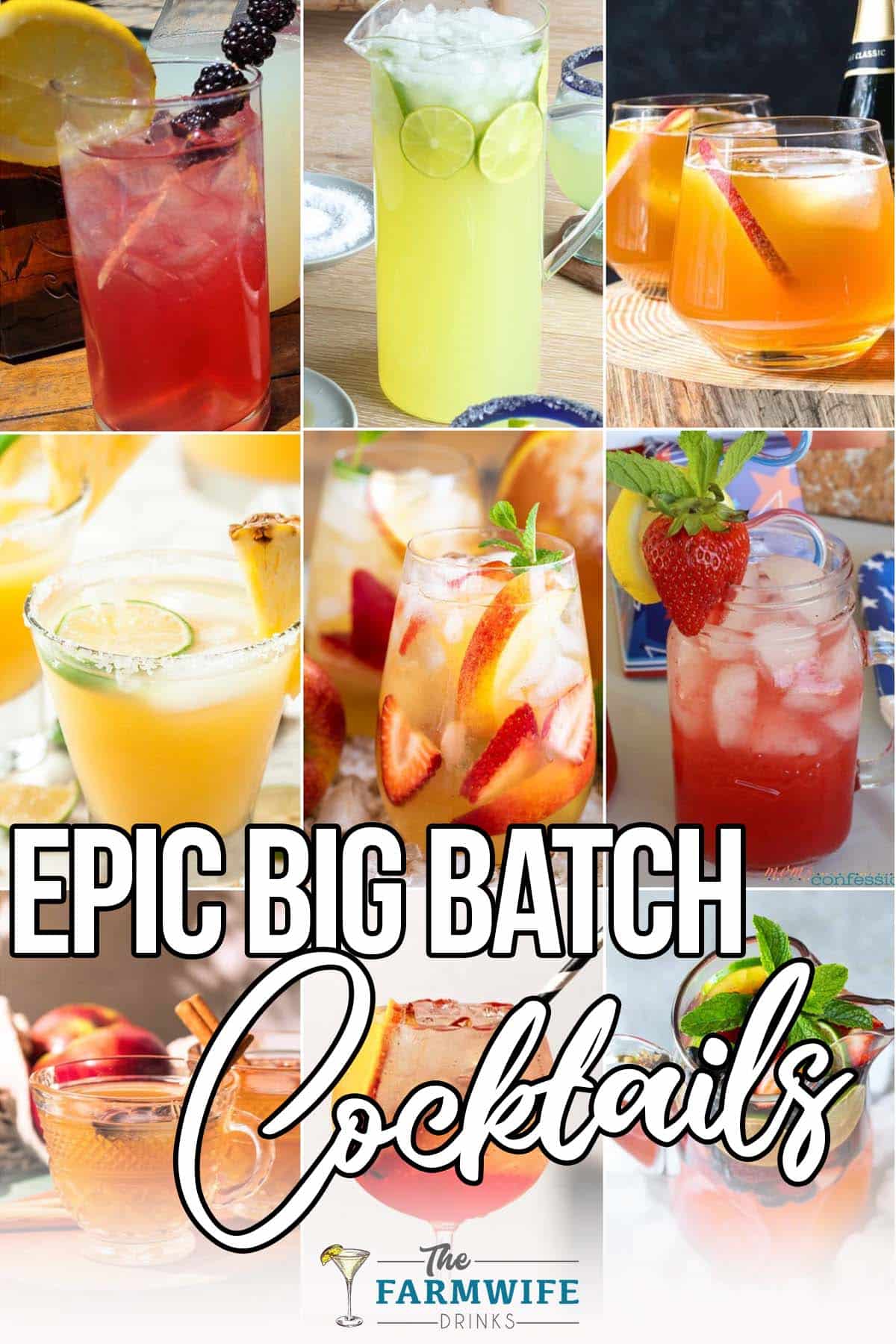 photo collage of cocktail recipes for large groups with text which reads epic big batch cocktails