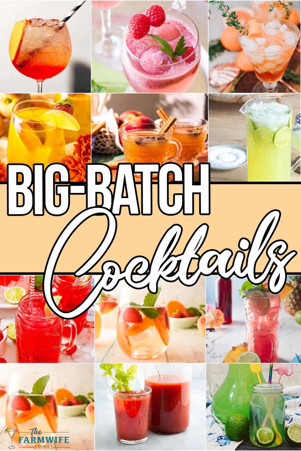 photo collage of cocktail recipes for a party with text which reads big batch cocktails