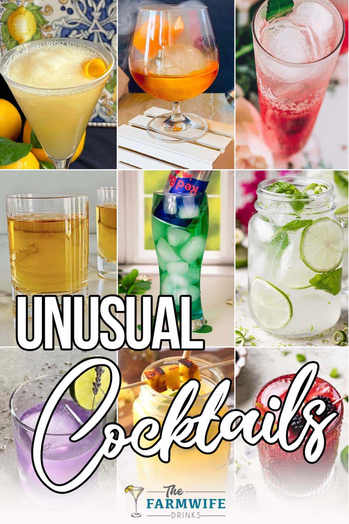 photo collage of the most unusual cocktails with text which reads unusual cocktails