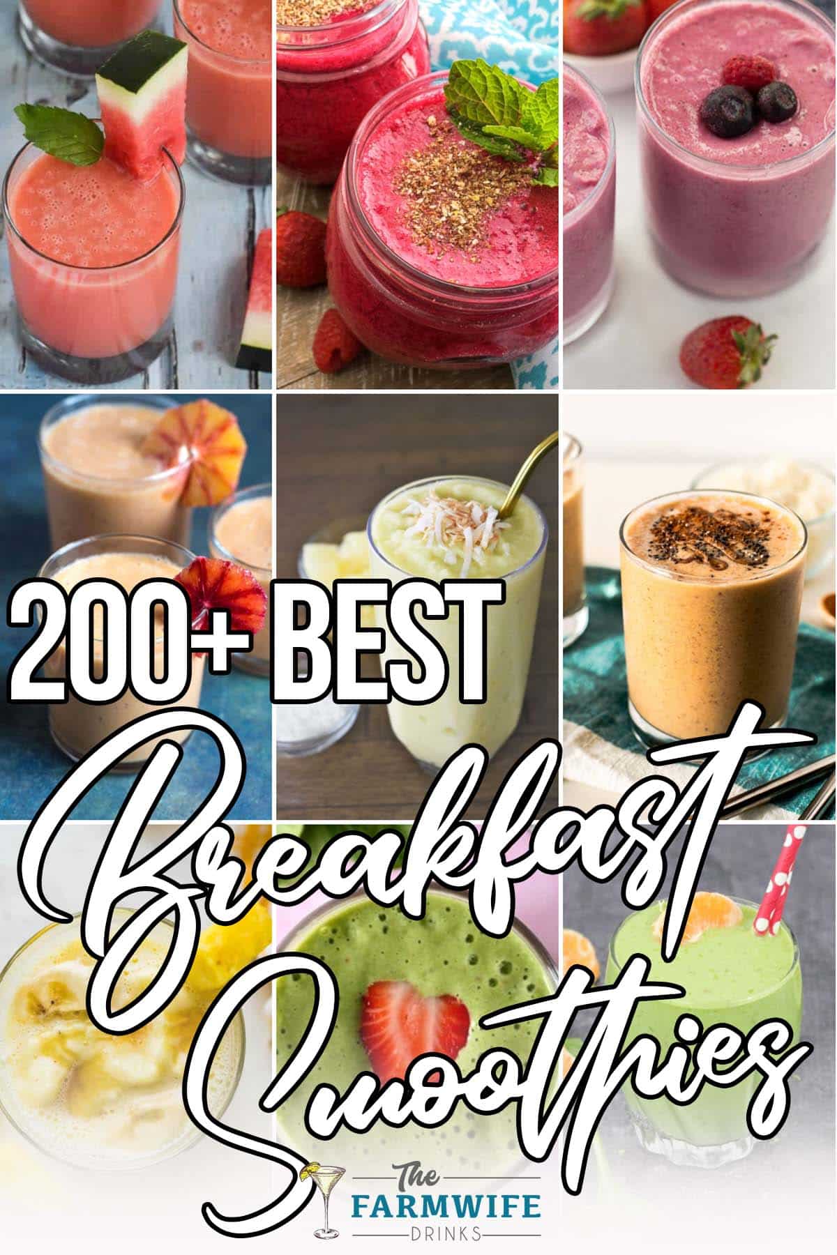 photo collage of breakfast smoothie recipes with text which reads 200+ breakfast smoothies