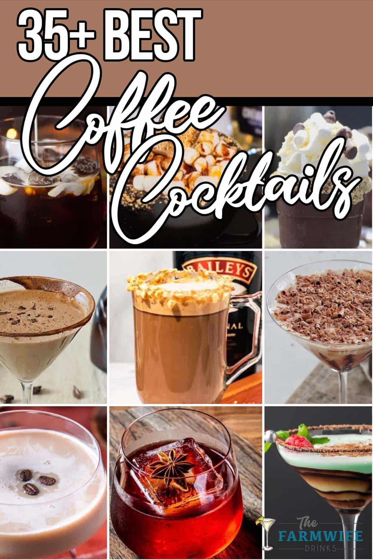 photo collage of coffee based drink recipes with text which reads 35+ best coffee cocktails