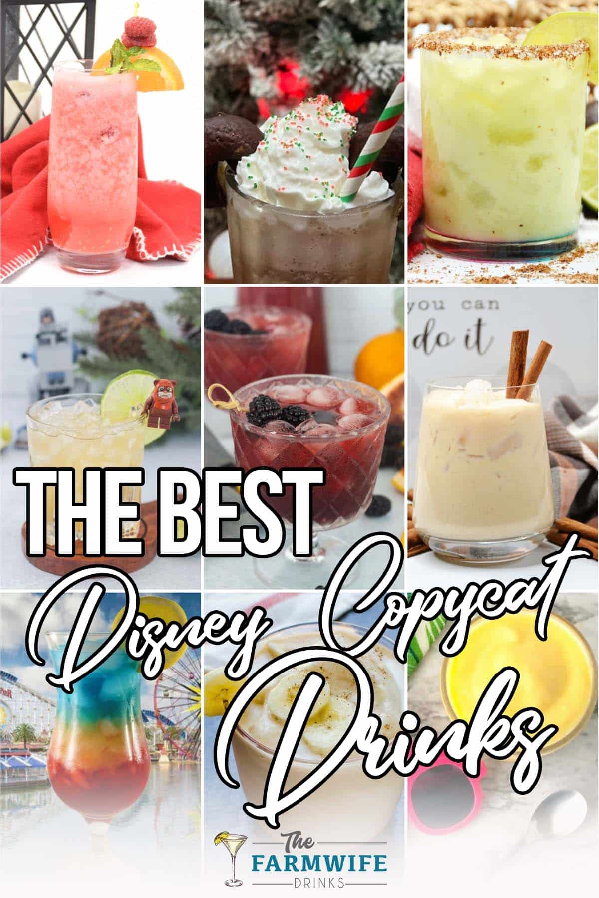 photo collage of disney drink recipes with text which reads the best disney copycat drinks