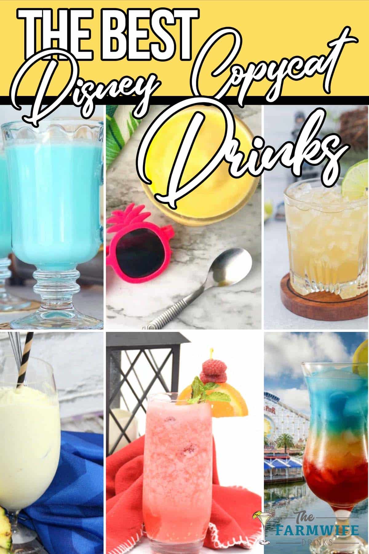 photo collage of disney drink recipes with text which reads the best disney copycat drinks