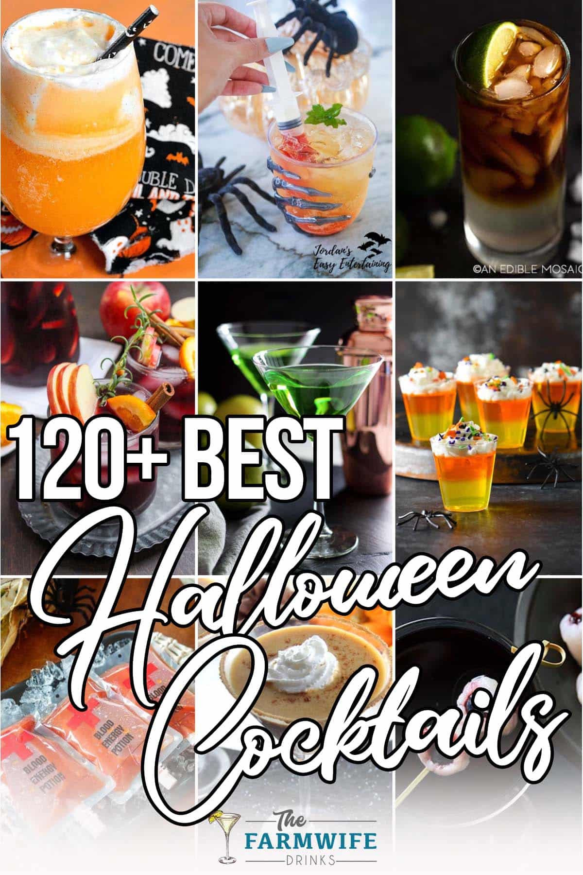 photo collage of halloween beverages with text which reads 120+ best halloween cocktails