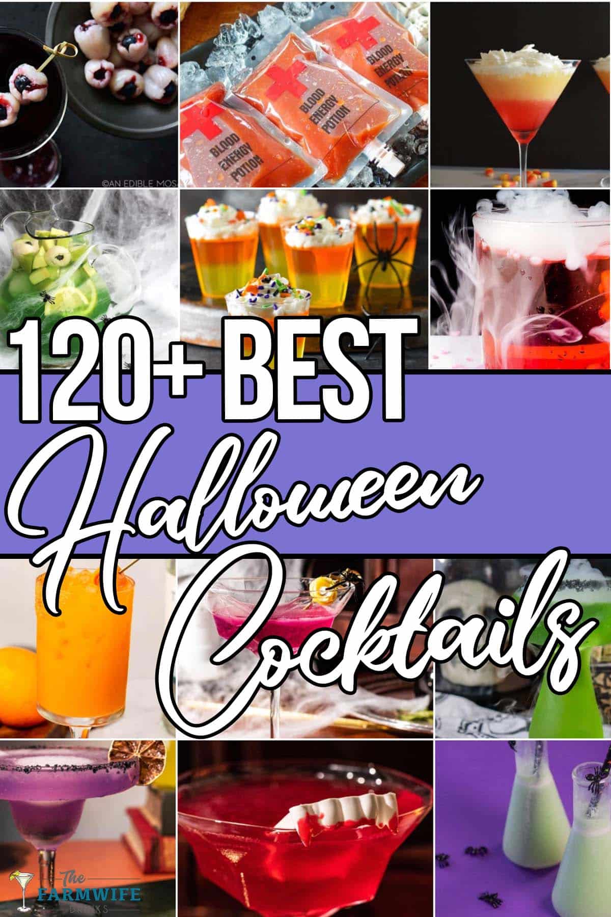 photo collage of halloween drinks with text which reads 120+ best halloween cocktails