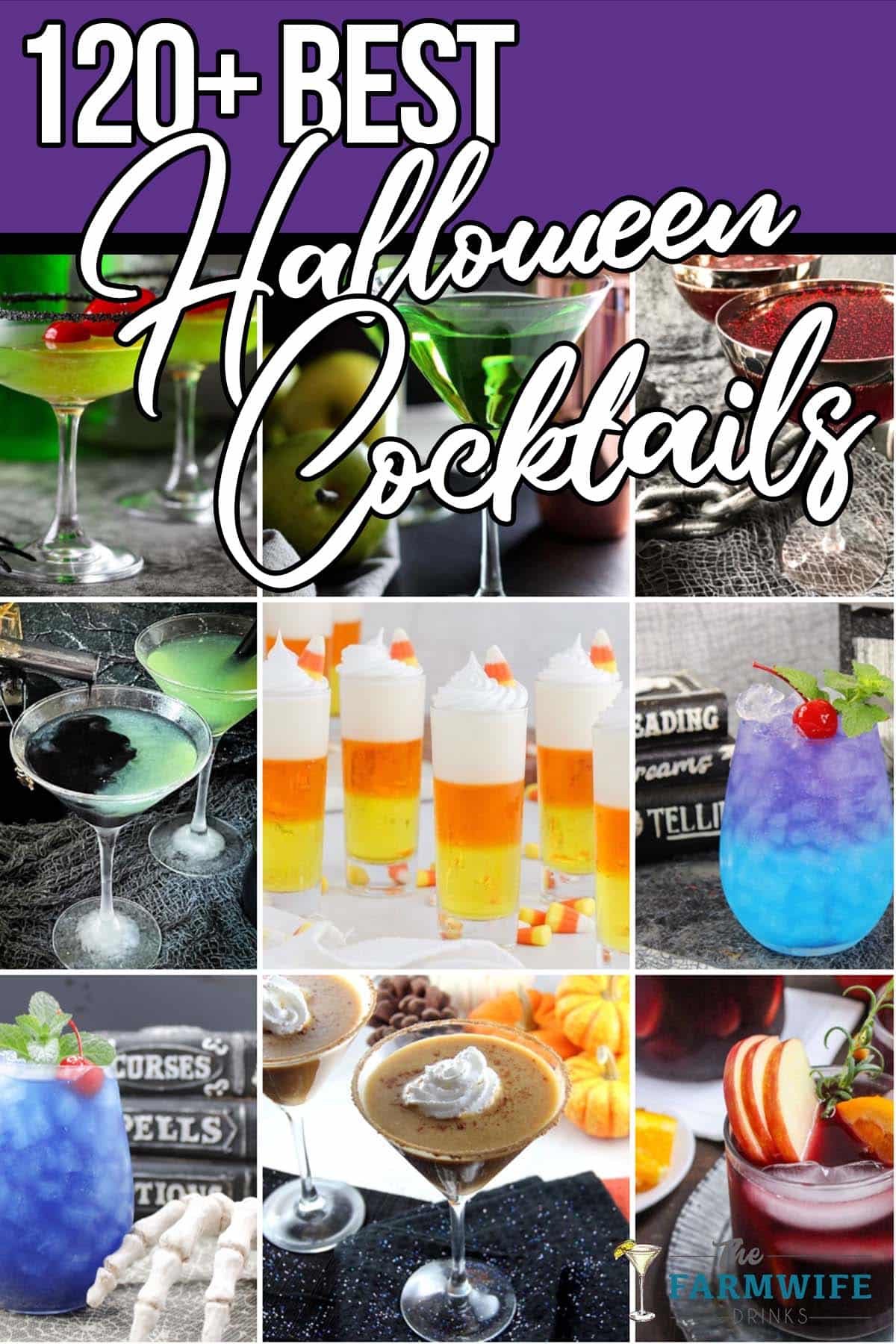 photo collage of halloween beverages with text which reads 120+ best halloween cocktails