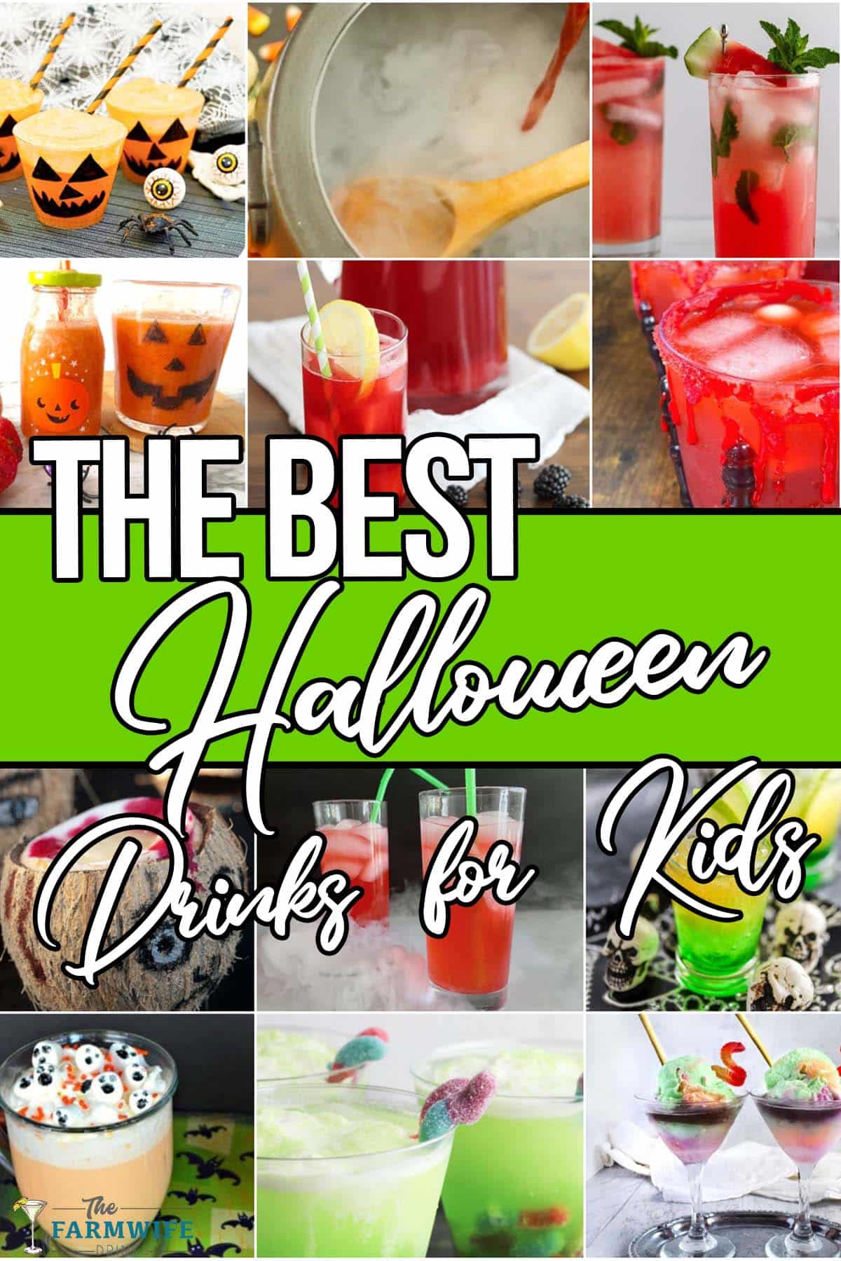 photo collage of kid-friendly halloween drinks with text which reads the best halloween drinks for kids