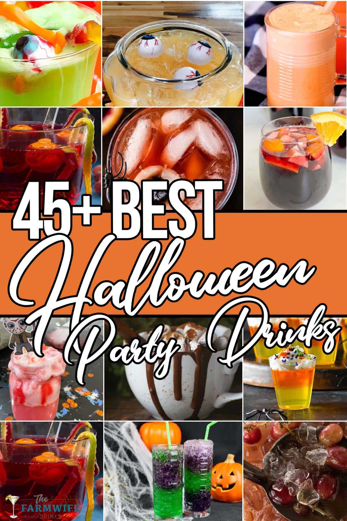 photo collage of halloween drink ideas with text which reads 45+ best halloween party drinks