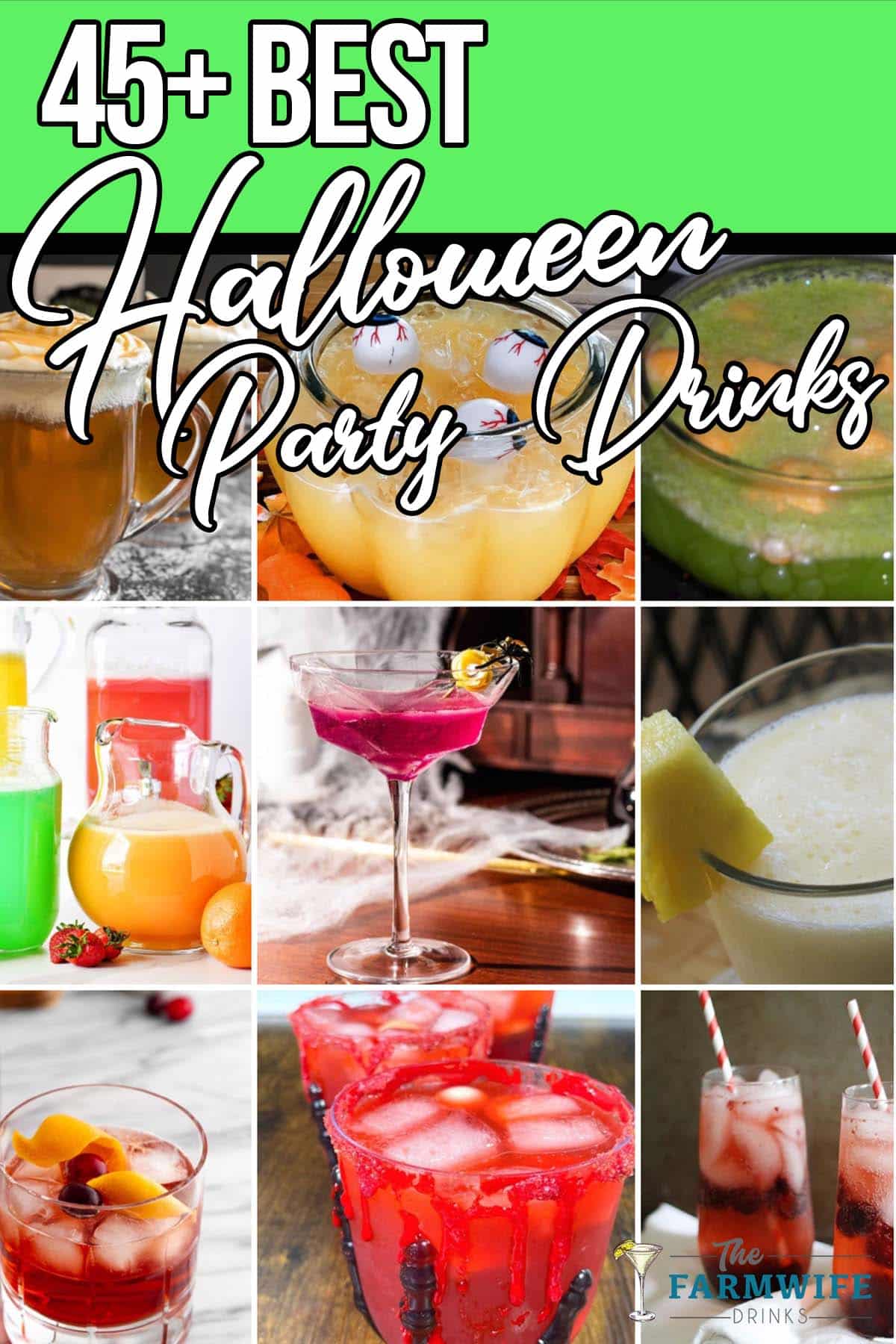 photo collage of halloween drink recipes with text which reads 45+ best halloween party drinks
