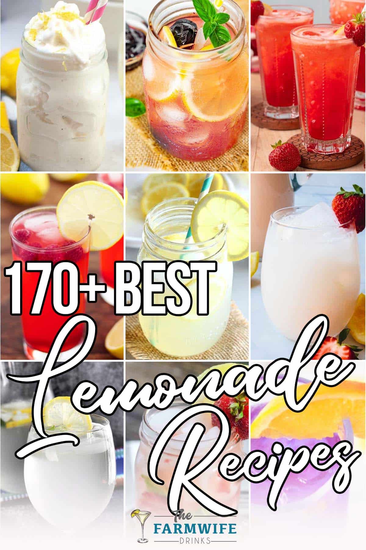 photo collage of lemonade variations with text which reads 170+ best lemonade recipes