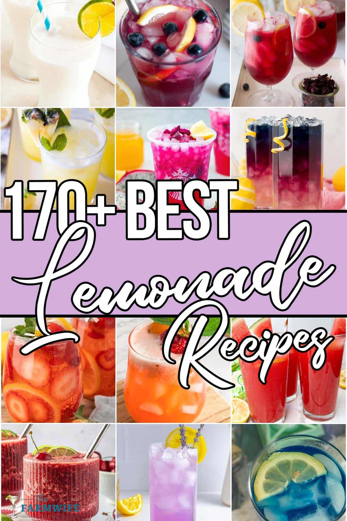 photo collage of lemonade variations with text which reads 170+ best lemonade recipes
