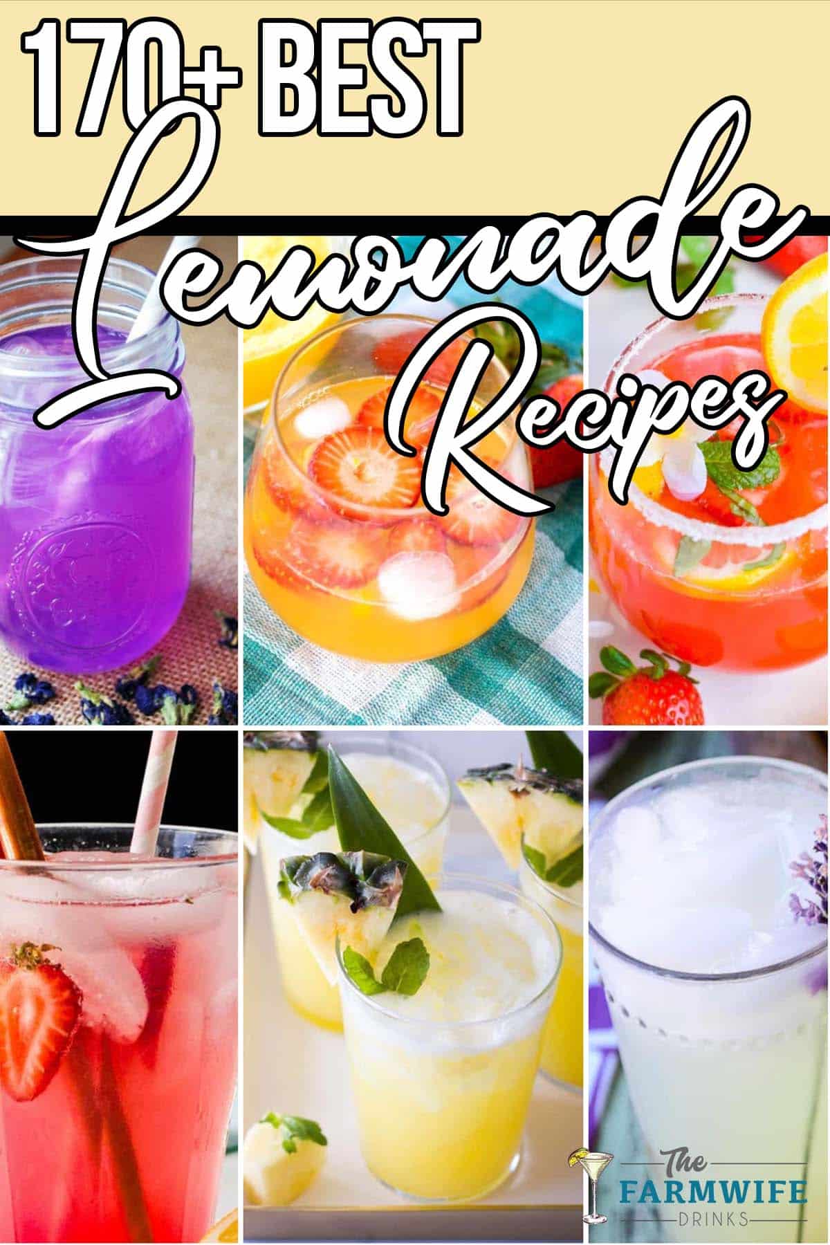 photo collage of lemonade variations with text which reads 170+ best lemonade recipes 