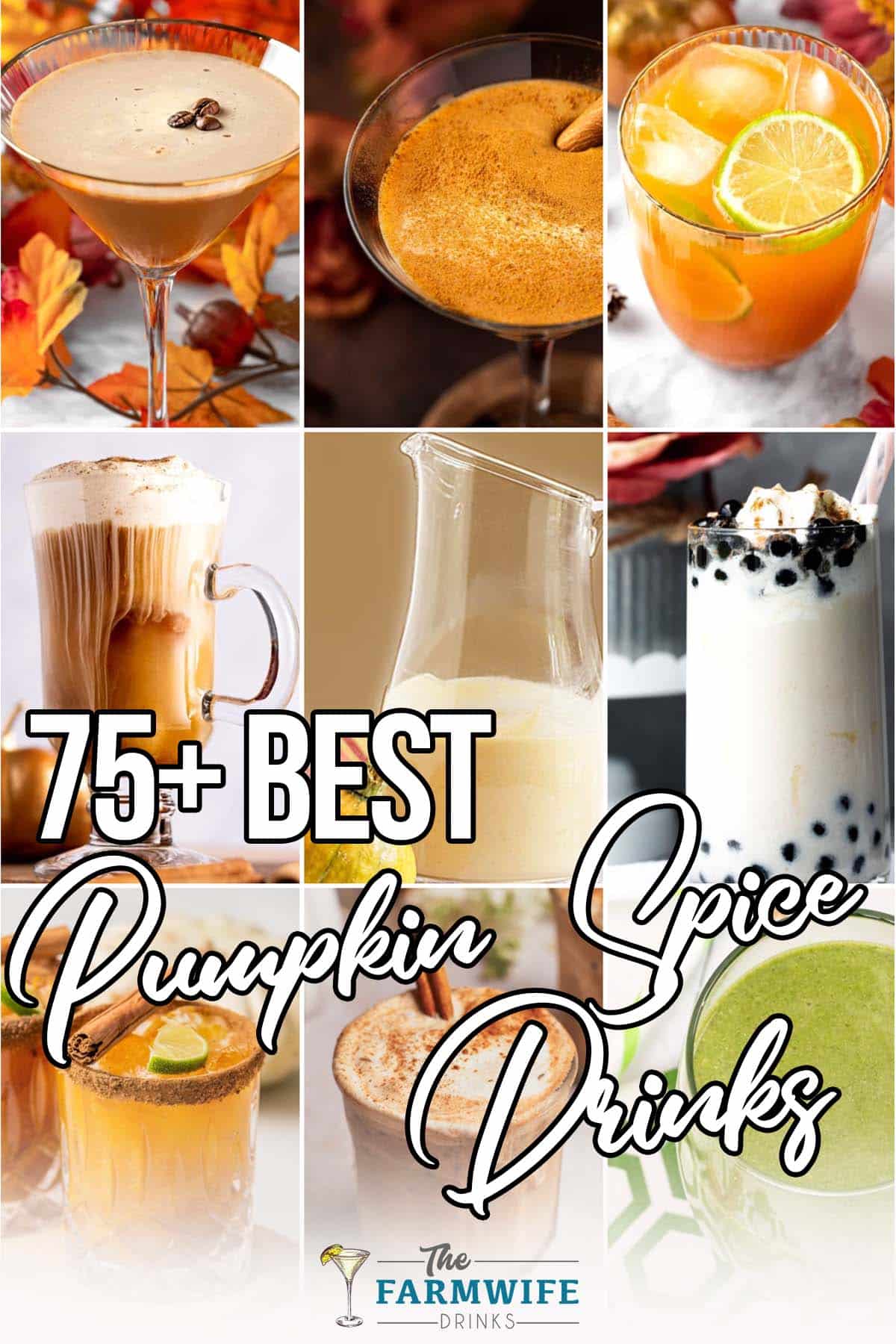 photo collage of pumpkin cocktails with text which reads 75+ best pumpkin spice drinks