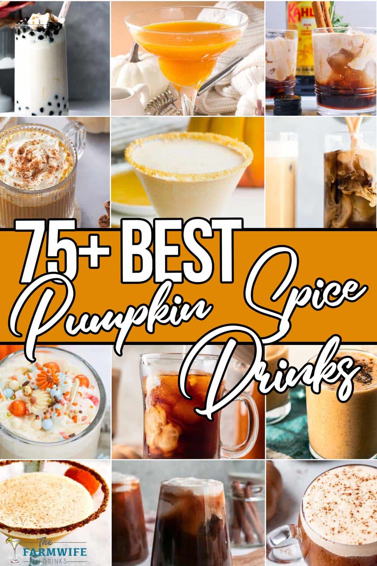 photo collage of pumpkin drinks with text which reads 75+ best pumpkin spice drinks