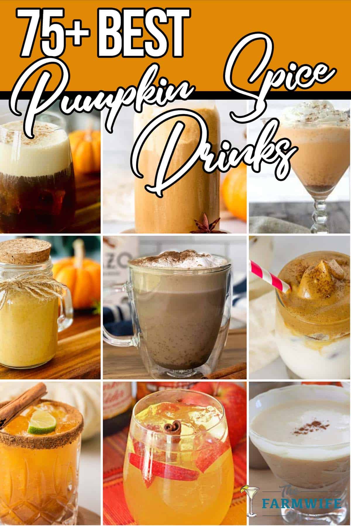 photo collage of pumpkin spice cocktails with text which reads 75+ best pumpkin spice drinks