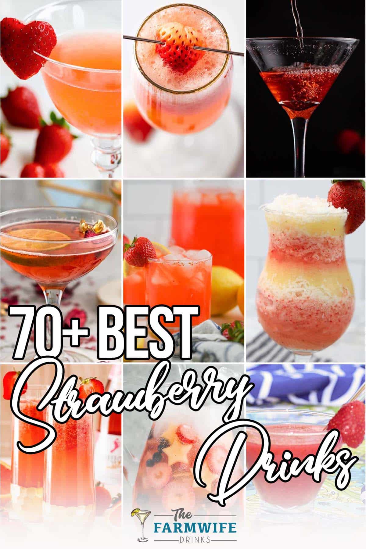 photo collage of strawberry cocktails with text which reads 70+ best strawberry drinks