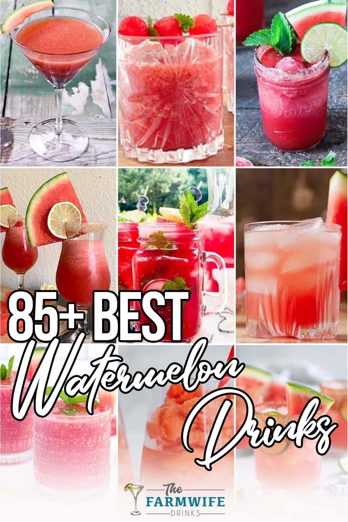 photo collage of watermelon cocktail recipes with text which reads 85+ best watermelon drinks
